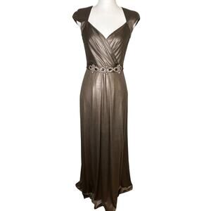 David Meister bronze metallic jeweled surplice neckline formal maxi gown size 2